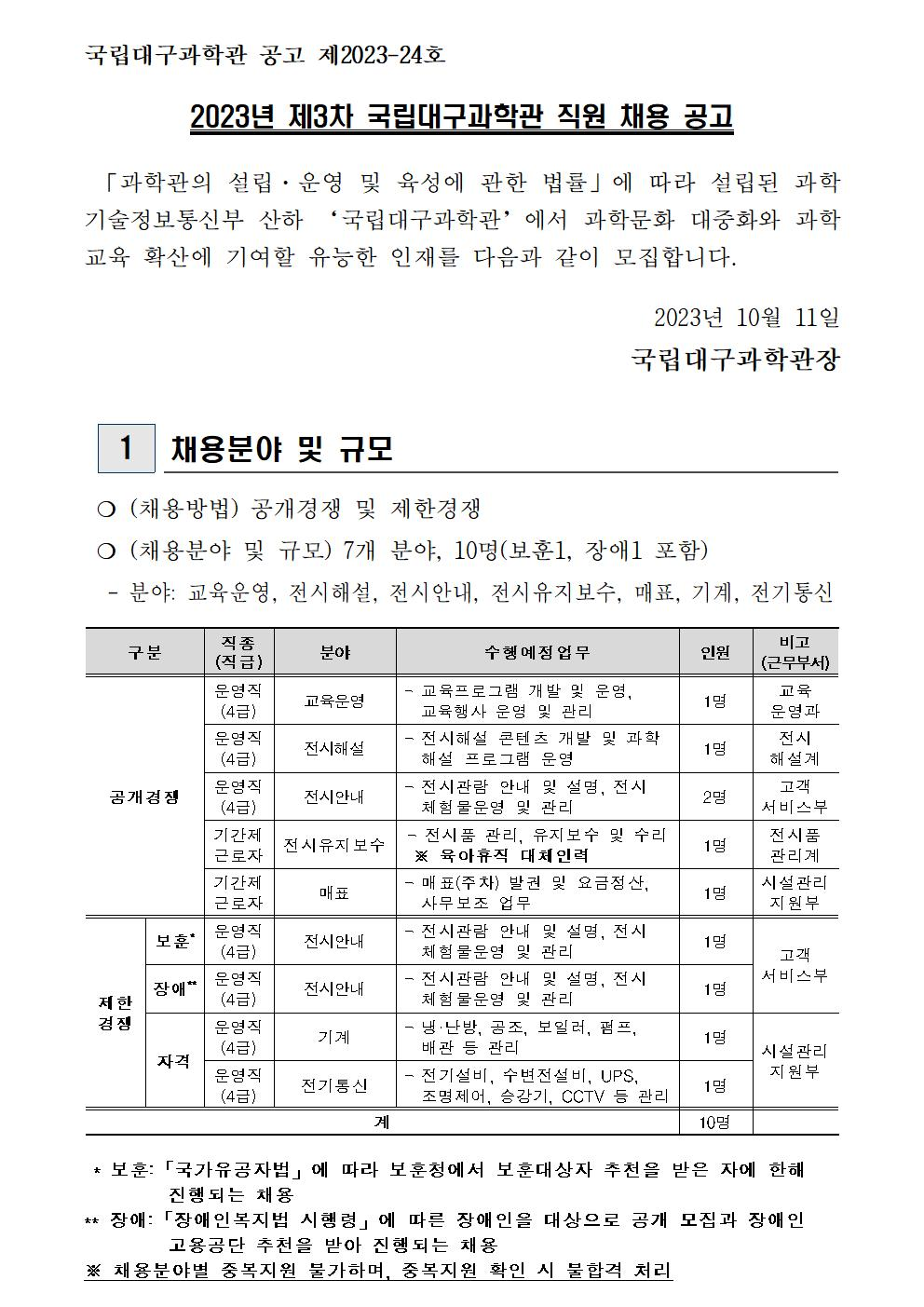 [국립대구과학관] 무기계약직, 계약직 신입(교육운영, 전시해설 등) 채용